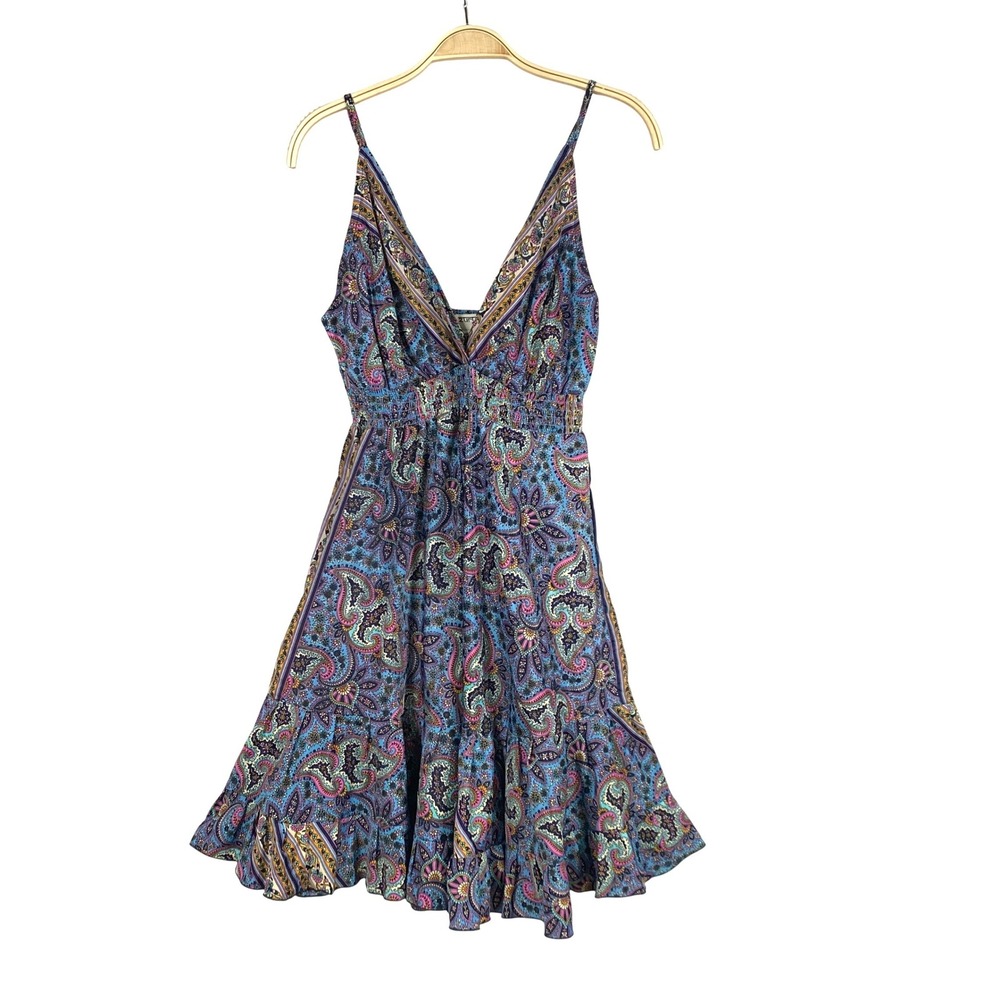 Zury Boho Paisley Silk Blend Mini Dress Womens OS Blue Ruffle Cottagecore Hippie